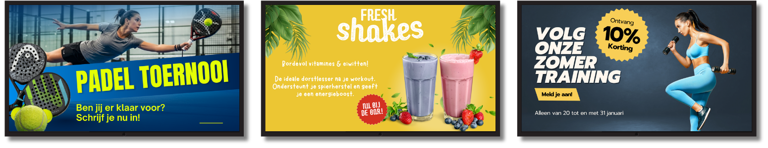 Voorbeelden van aanbiedingen en evenementen in een sportschool.