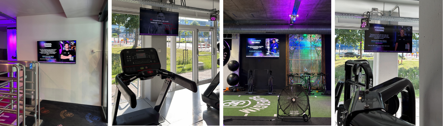 Foto collage van diverse narrowcastingschermen bij Supergym in Rijswijk
