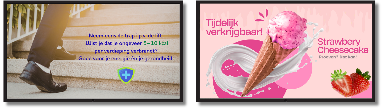 Twee voorbeelden hoe nudiging is toegepast op een narrowcastingscherm.