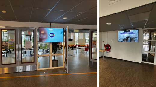 Narrowcastingschermen op diverse locaties binnen de school.