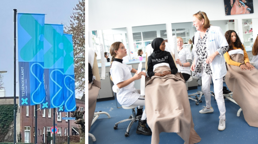 Collage van de vlaggen bij het schoolgebouw van Tessenderlandt en hun beauty salon.