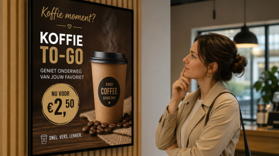 Mevrouw die naar een narrowcastingscherm staat te kijken met daarop een koffie to go aanbieding.