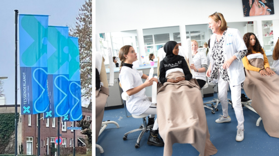 Collage van de vlaggen bij het schoolgebouw van Tessenderlandt en hun beauty salon.